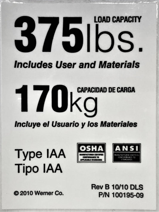 Duty Rating Label only - 375 lb LDR375