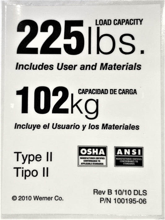Duty Rating Label only - 225 lb LDR225