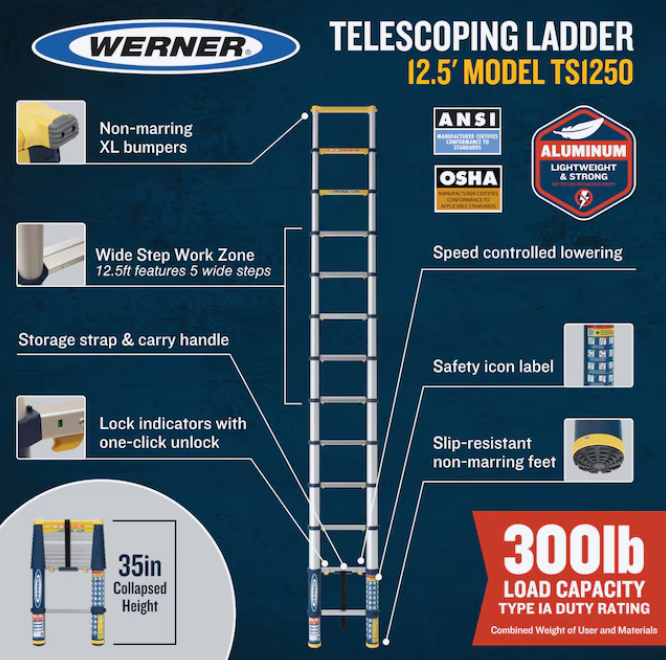 TS1250 Aluminum Type 1A - 300 lbs. Load Capacity Telescoping Extension Ladder ONLINE ONLY